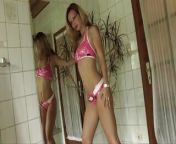 Annika strips in pink lingerie from trips in bra