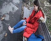 Dirty feet in park get cleaned by a stranger, POV from redhead gets dirty feet cleaned gives foot handjob after trip to