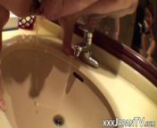 Japanese lesbo tied up and teased before peeing in the sink from japanese lesbian pussy spreading