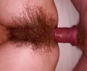 Slim super hairy MILF does anal and squirts a lot from hairy asshole