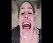French maid tries to swallow her own piss through lip retractor from piss drinking