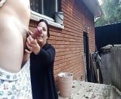 Outdoor handjob &amp; Cumshot for our neighbor from man amp