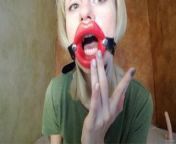 Zooming in red lips open mouth gag for dildo-blowjob. from in red lips open mouth gag for dildo blowjob