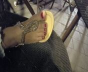 gf shows her sexy pedicured feet and toes in new sandals at cafe from new santali