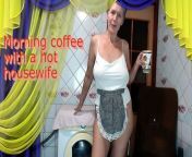 Morning coffee with a cheerful hot housewife chatting with fans over a cup of coffee while sitting on a washing machine. from washing aunty morning boobs